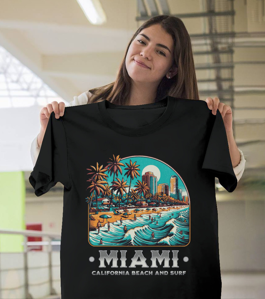 Miami Beach And Surf California Palm Skyline Ocean Waves T-Shirt