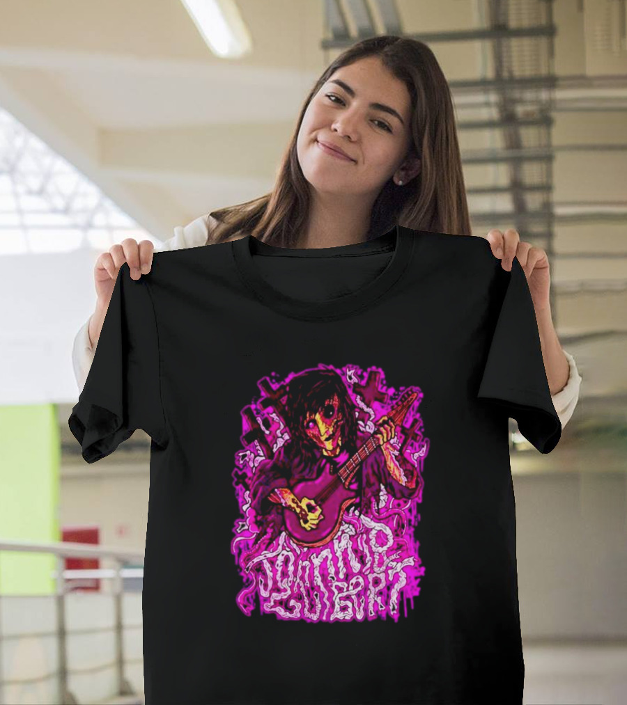 Zombie Johnnie Guilbert Playing Guitar with Purple Light and Crosses Background T-Shirt