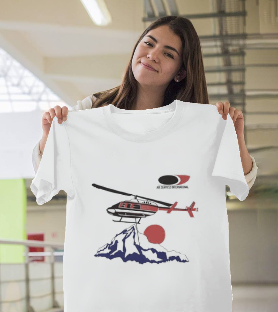 Air Services International Helicopter Over Mountain And Red Sun T-Shirt