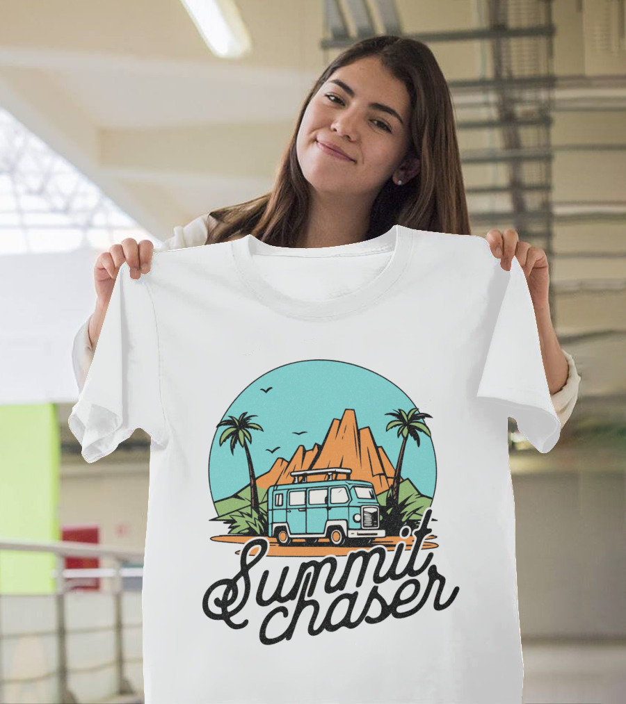 Summit Chaser Adventure Van with Mountains and Palm Trees T-Shirt