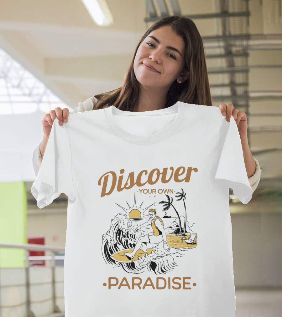 Discover Your Own Paradise Surfer Sunset Scene T-Shirt