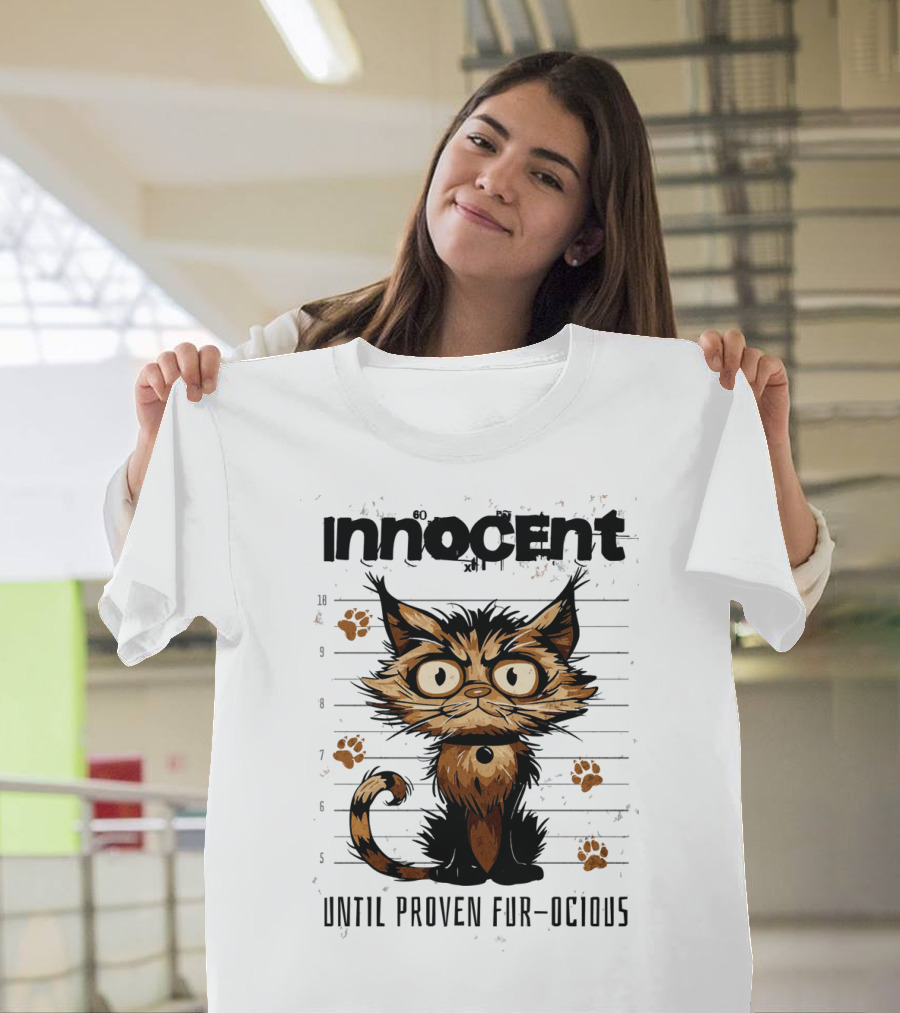 Innocent Shaggy Bandit Cat Until Proven Fur-ocious Police Lineup Funny Animal T-Shirt
