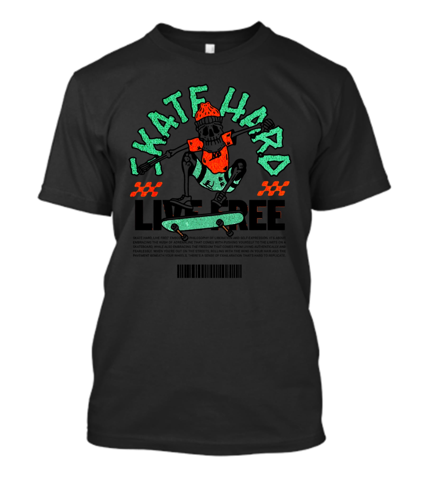 SKATE HARD LIVE FREE Skull Skateboard T-Shirt