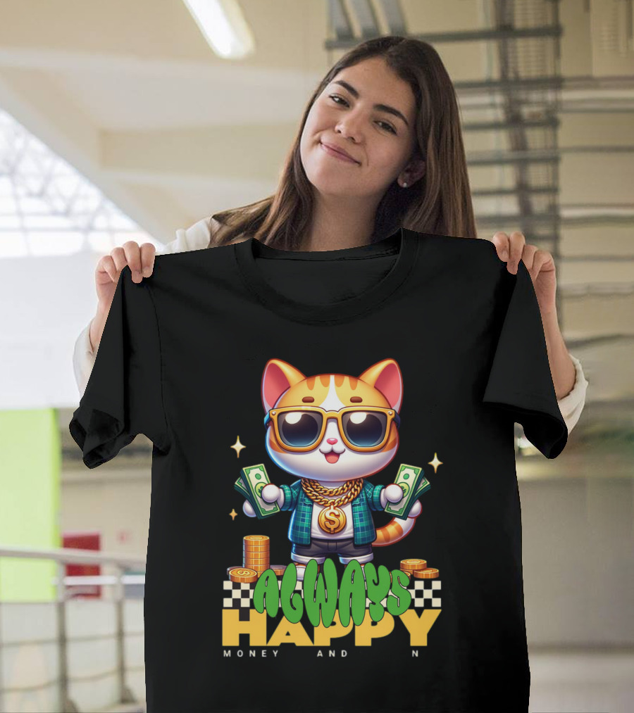 Always Happy Money And Fun Cool Cat With Sunglasses And Cash T-Shirt