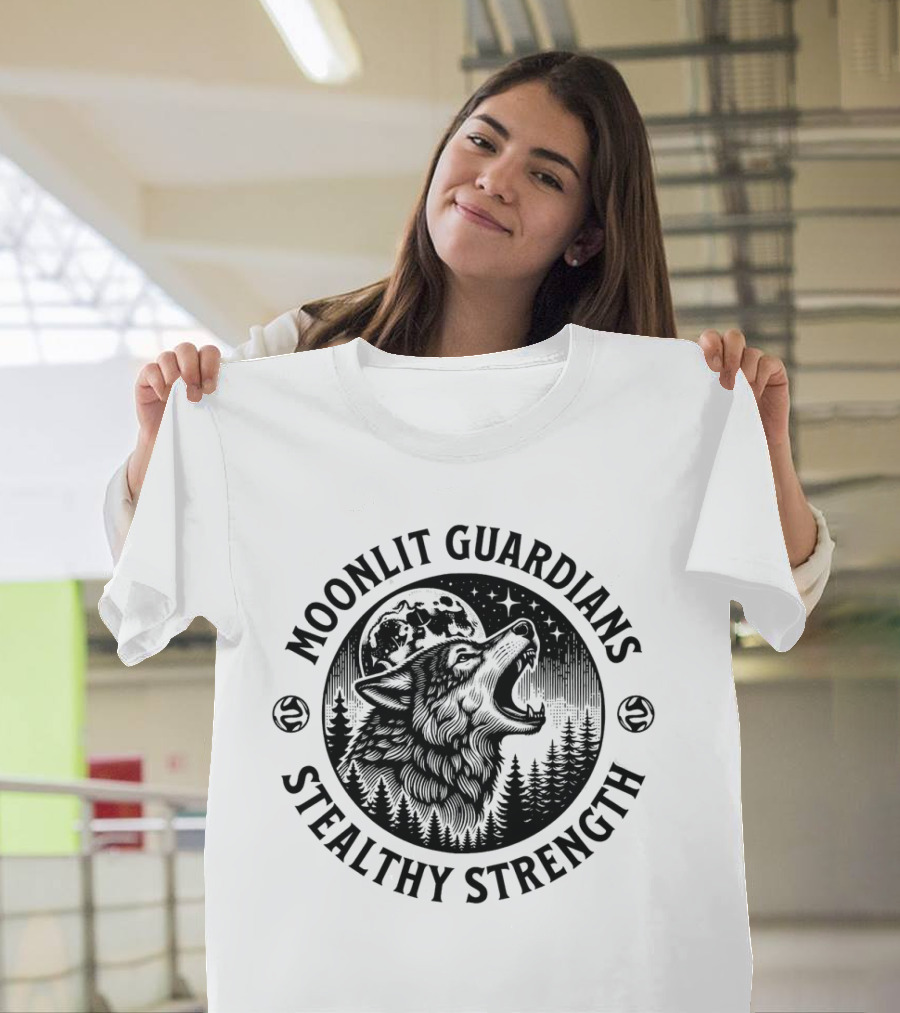 Moonlit Guardians Stealthy Strength Wolf Under Moon and Stars T-Shirt