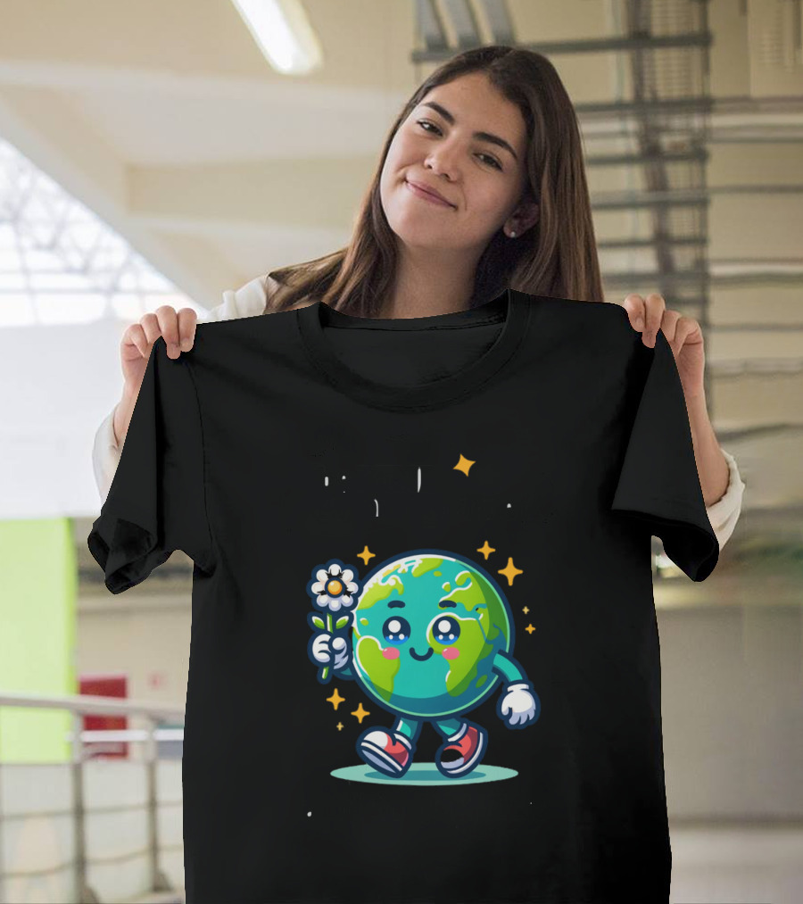 Be Kind to Our Planet and to Others Cute Earth Character with Flower and Stars T-Shirt
