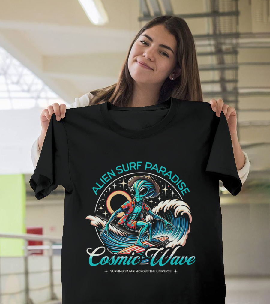 Alien Surf Paradise Cosmic Wave Surfing Safari Across The Universe T-Shirt