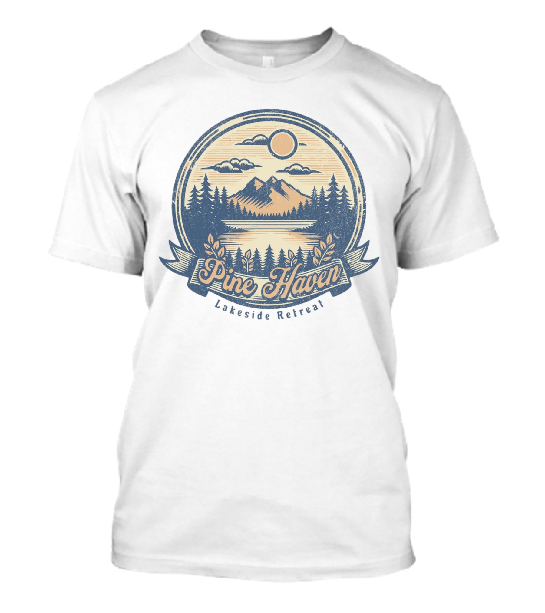 Pine Haven Lakeside Retreat Scenic Mountain Forest Vintage Emblem T-Shirt