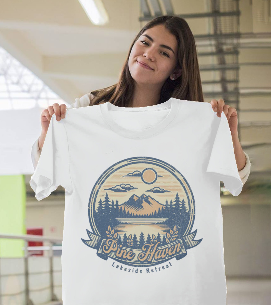 Pine Haven Lakeside Retreat Scenic Mountain Forest Vintage Emblem T-Shirt