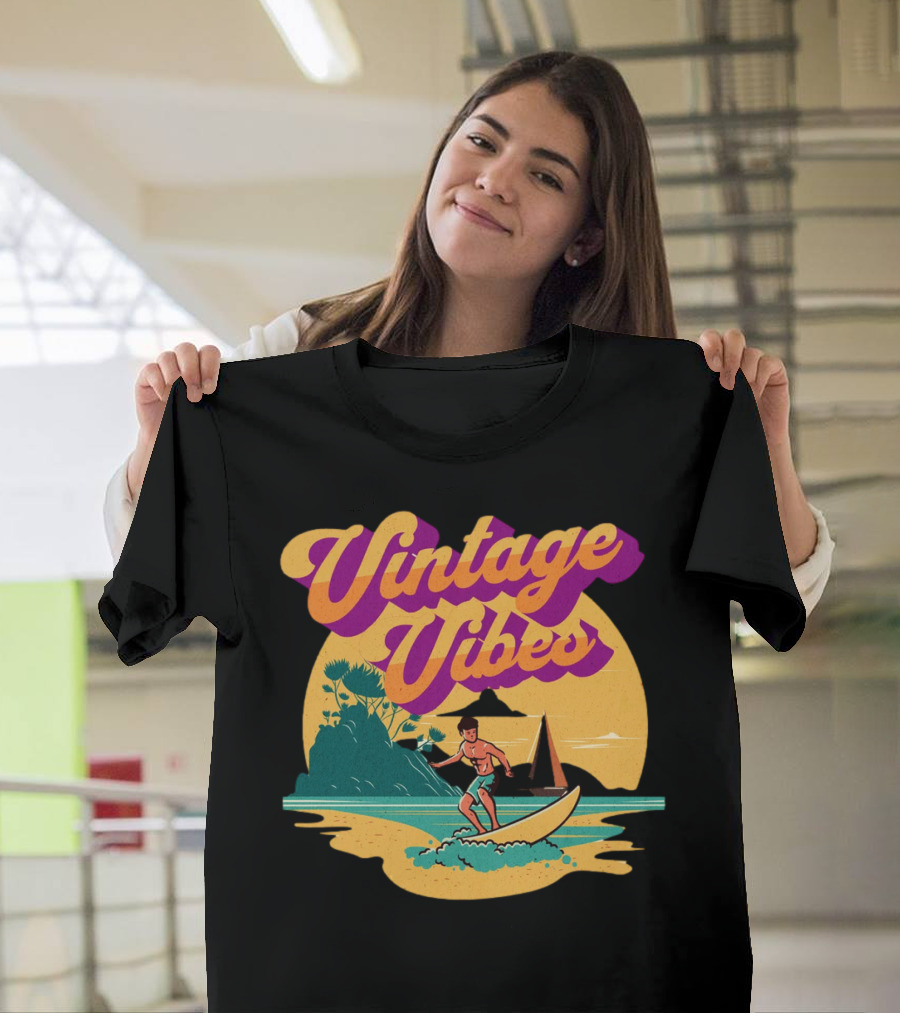 Vintage Vibes Retro Surfing Adventure Sunset Scene T-Shirt