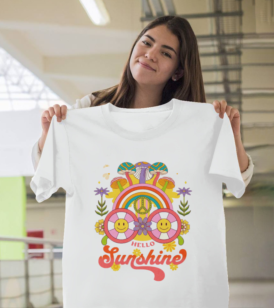 Hello Sunshine Smiley Peace Rainbow Psychedelic Flowers T-Shirt