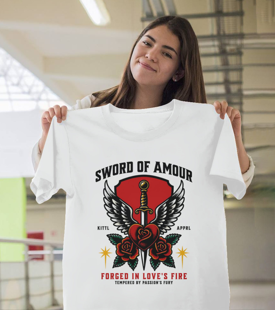 Sword of Amour Forged in Love's Fire Wings Rose Tempered Passion's Fury T-Shirt
