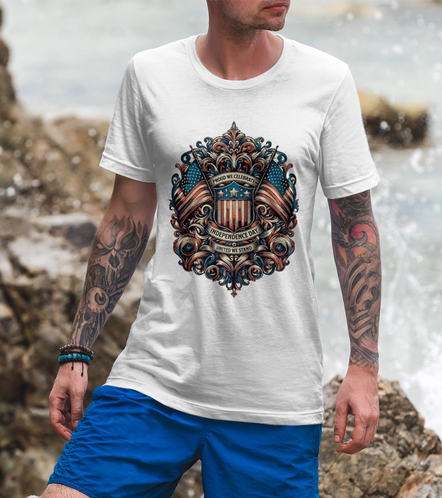Proud We Celebrate Independence Day United We Stand American Flag Shield Ornamental T-Shirt