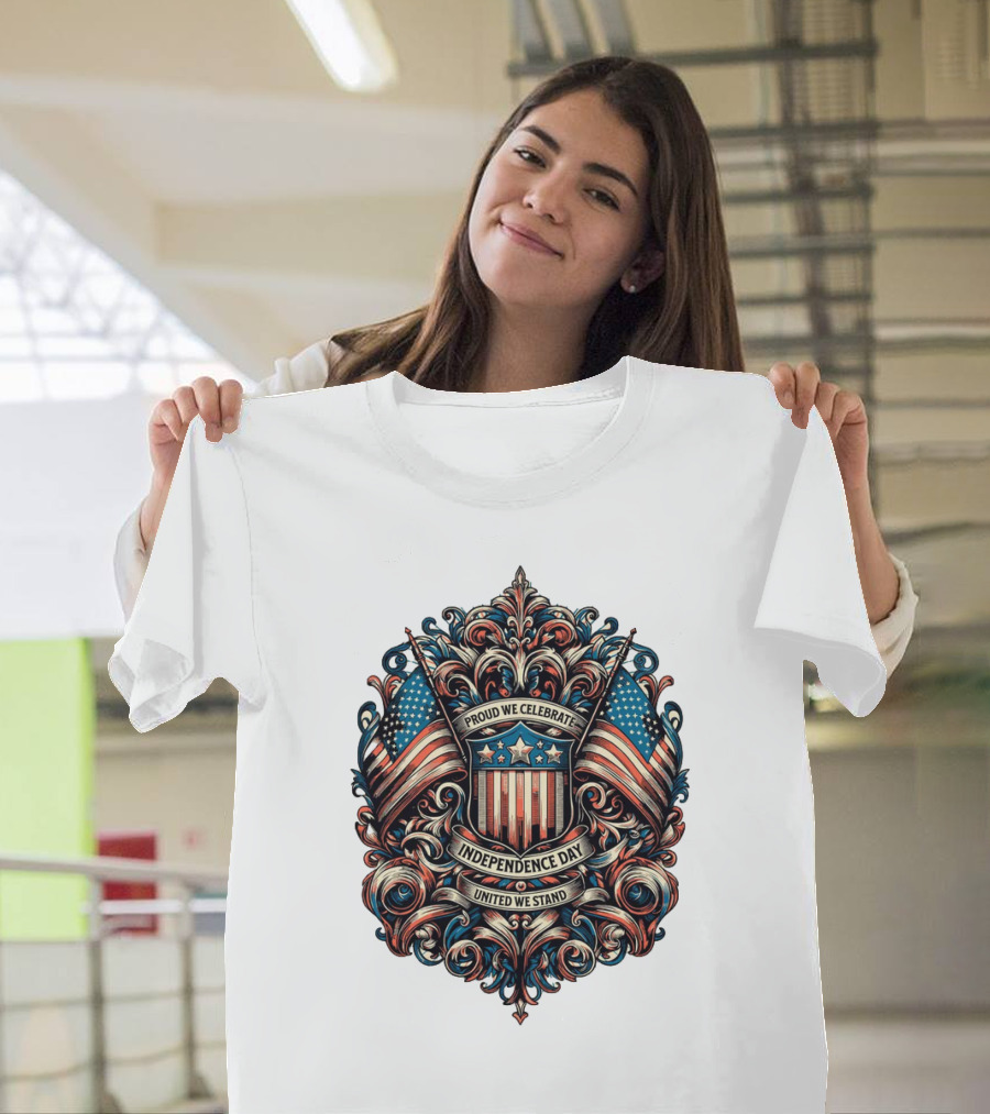 Proud We Celebrate Independence Day United We Stand American Flag Shield Ornamental T-Shirt
