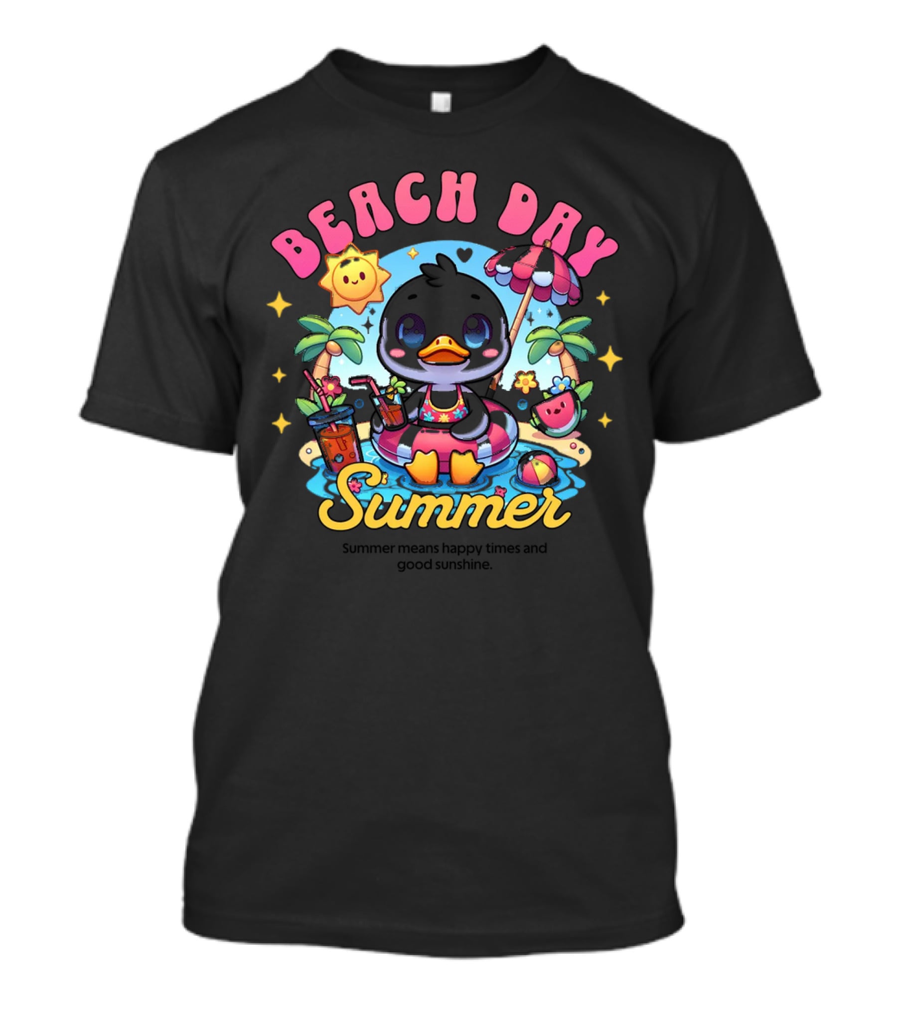Beach Day Summer Happy Times Good Sunshine Duck In Pool With Palm Trees And Watermelon T-Shirt