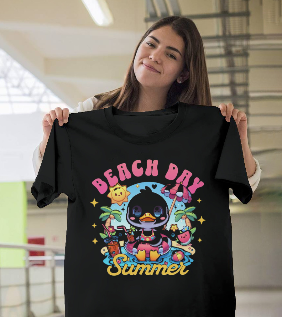 Beach Day Summer Happy Times Good Sunshine Duck in Pool with Palm Trees and Watermelon T-Shirt