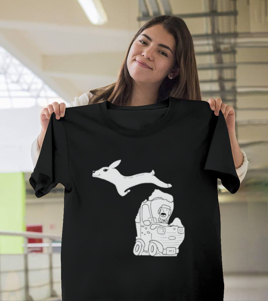 Michigan Road Deer Cartoon Adventure T-Shirt