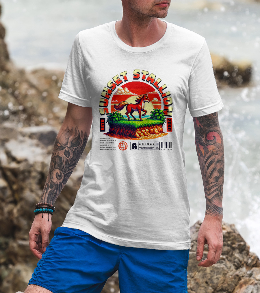 Sunset Stallion 2040 ESTO Animal Epic Epitome Horse Setting Sun Fiery Sky T-Shirt