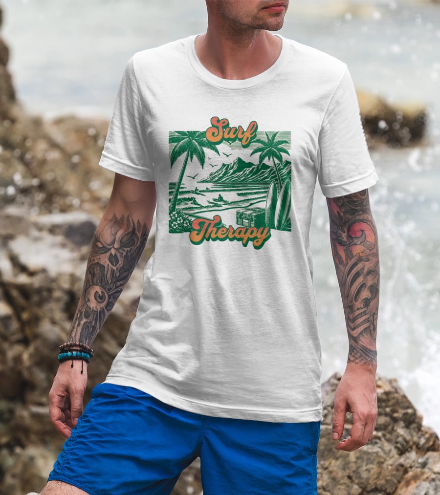 Surf Therapy Tropical Beach Scene With Palm Trees And Surfboards T-Shirt