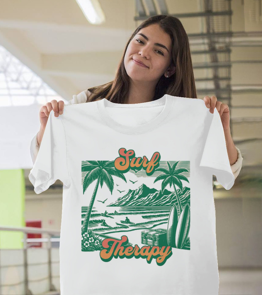 Surf Therapy Tropical Beach Scene with Palm Trees and Surfboards T-Shirt