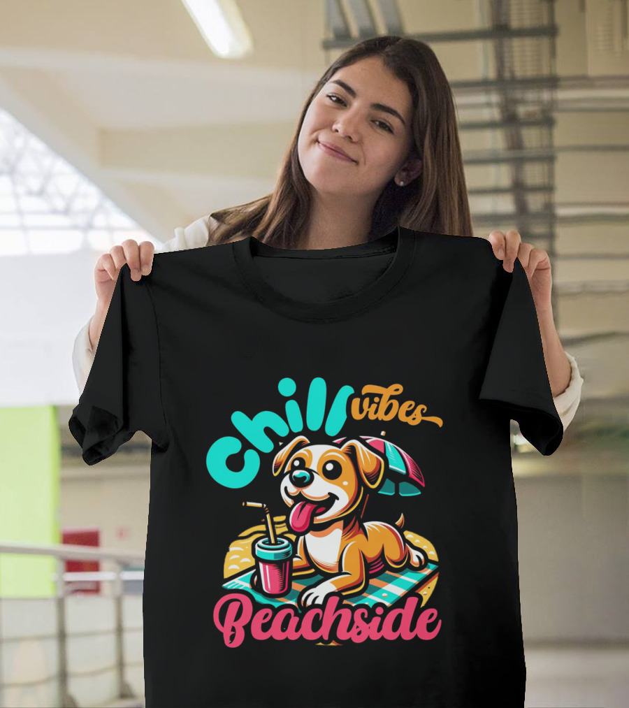 Chill Vibes Beachside Relaxing Dog with Umbrella and Drink T-Shirt