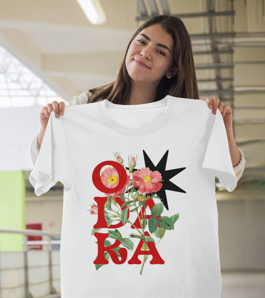 ODARA Bold Floral Art With Red Letters And Pink Flowers T-Shirt