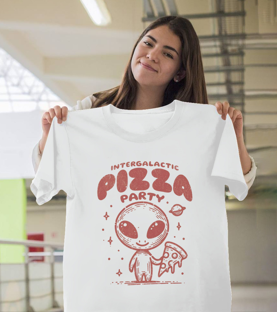 Intergalactic Pizza Party Alien Holding Pizza with Stars and Planet T-Shirt
