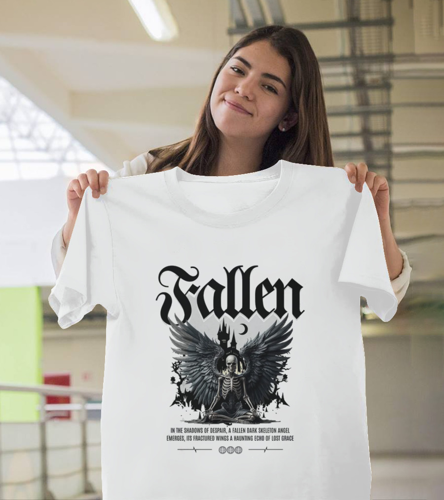 Fallen Dark Skeleton Angel With Fractured Wings And Gothic Castle T-Shirt