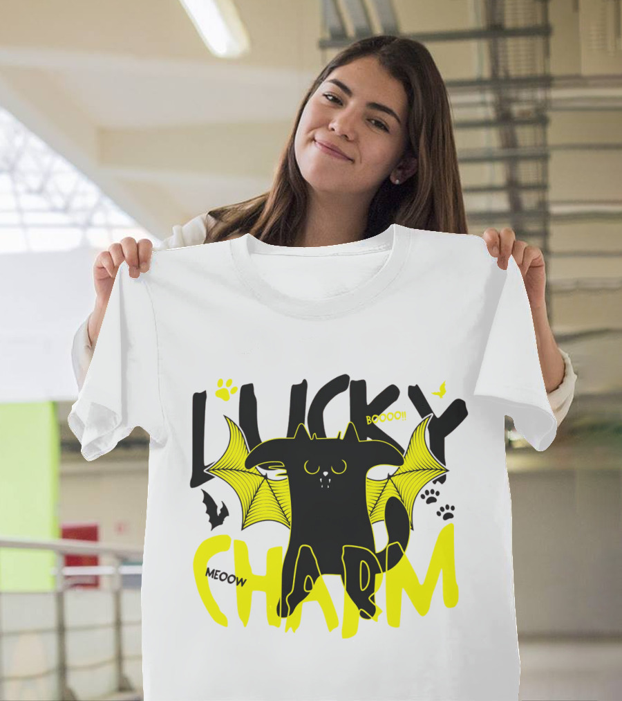 LUCKY CHARM Meow Boooo Bat Wings Cat Paw Prints T-Shirt