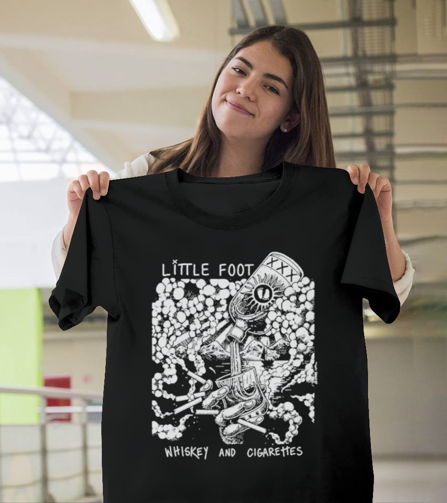 Little Foot Whiskey And Cigarettes Hand Holding Cigarettes And Pouring XXX Bottle In Cloudy Mountains Scene T-Shirt