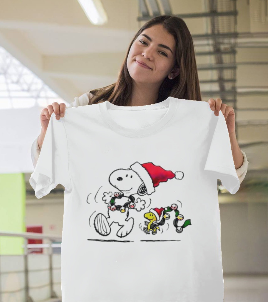 Santa Snoopy and Woodstock Christmas Lights Cartoon T-Shirt