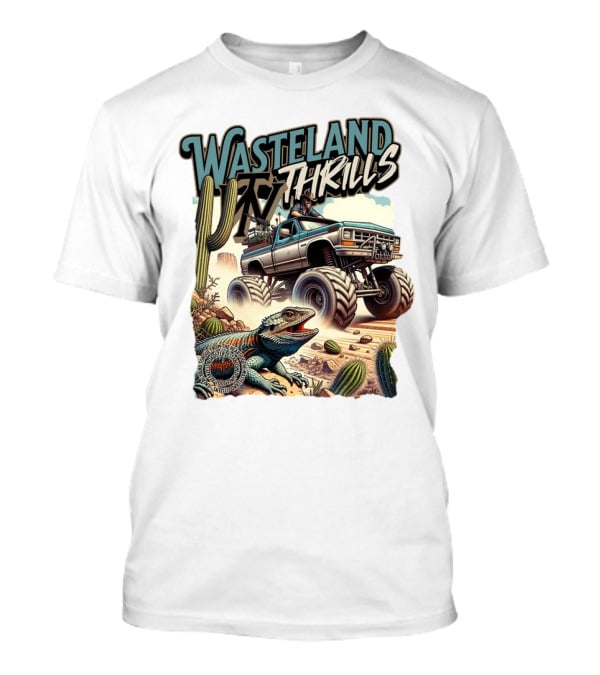 Wasteland Thrills Monster Truck Adventure With Lizard And Cactus Desert Scene T-Shirt