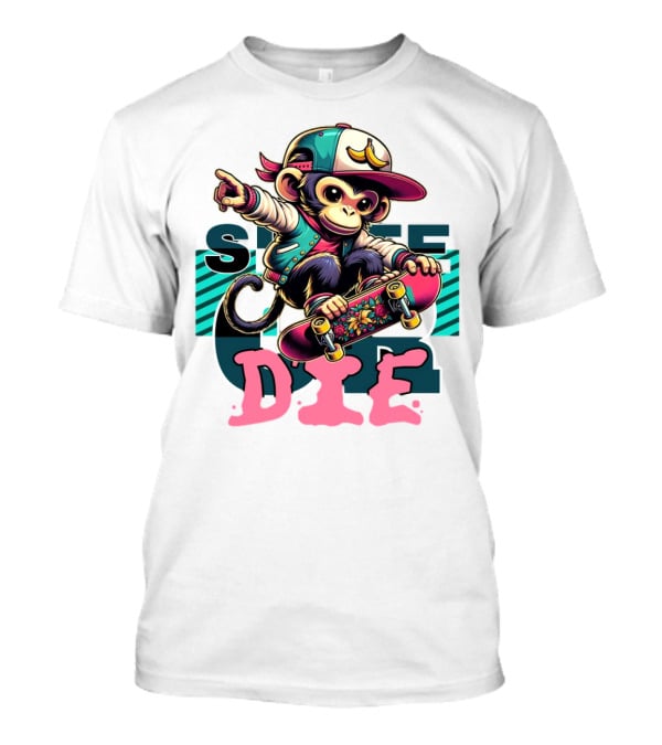 Skate Or Die Monkey On Skateboard With Cap And Jacket T-Shirt