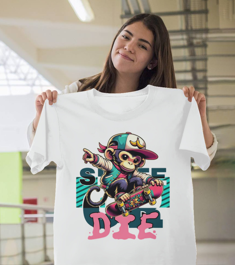 Skate Or Die Monkey On Skateboard With Cap And Jacket T-Shirt