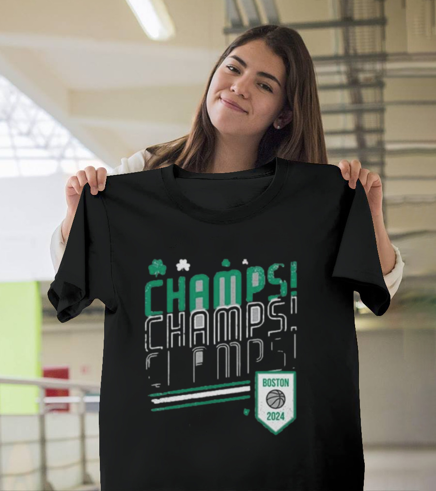 Boston Celtics ’24 Champs Champs Champs Basketball Shield T-Shirt