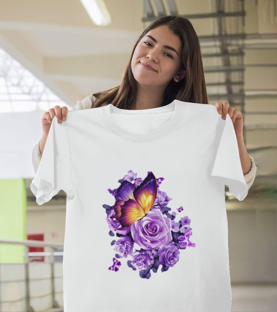 Butterfly Purple Rose Blossoms Floral Arrangement T-Shirt