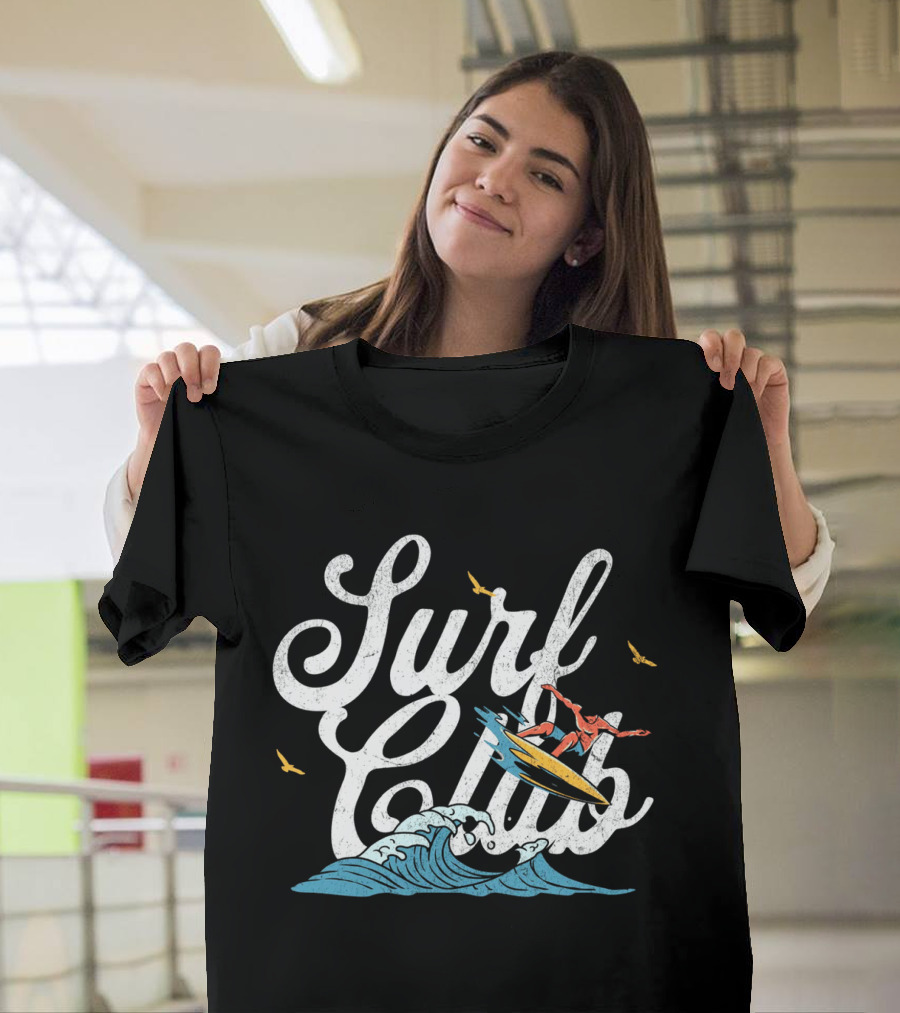 Surf Club Vintage Surfing Wave with Seagulls and Surfer T-Shirt