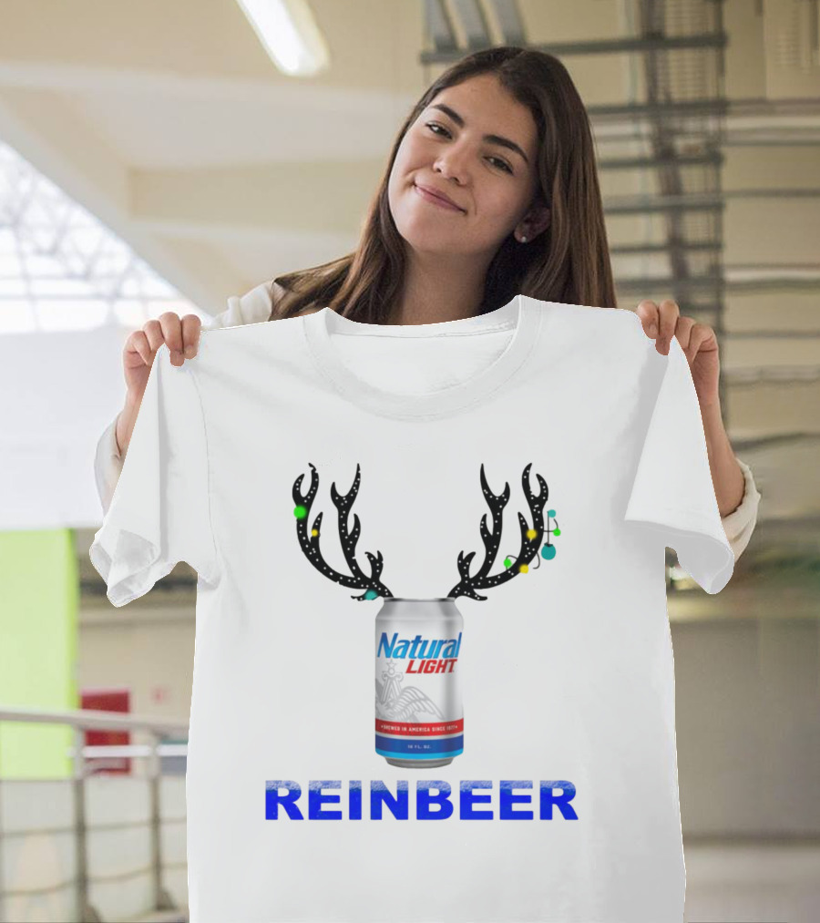 Natural Light Holiday Reinbeer Can Antlers Christmas T-Shirt