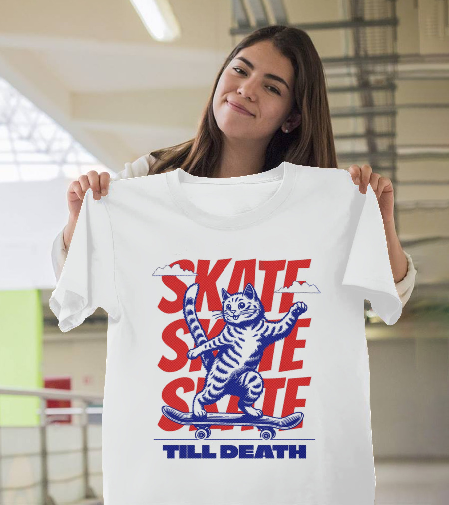 Skate Till Death Cat Riding Skateboard T-Shirt