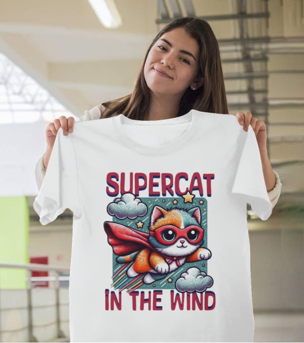 Super Cat IN The Wind Star Adventure With Clouds And Cape T-Shirt
