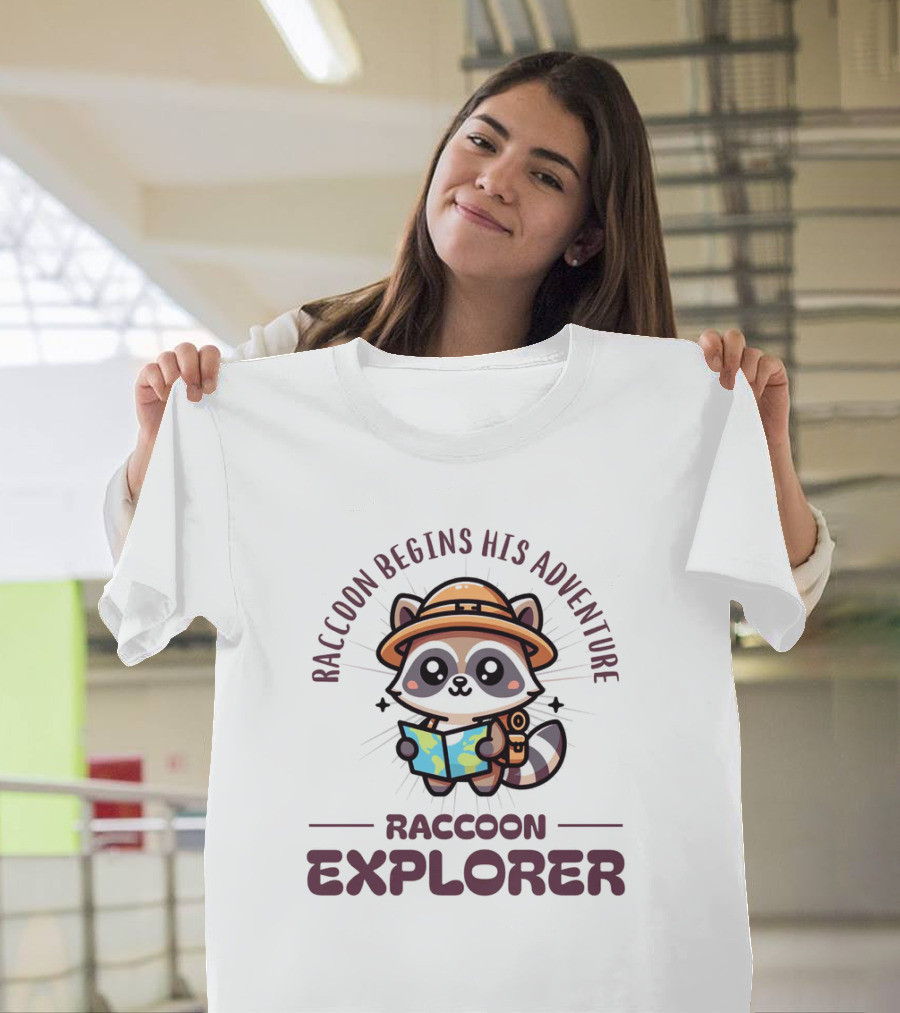 Raccoon Begins His Adventure Cute Explorer T-Shirt