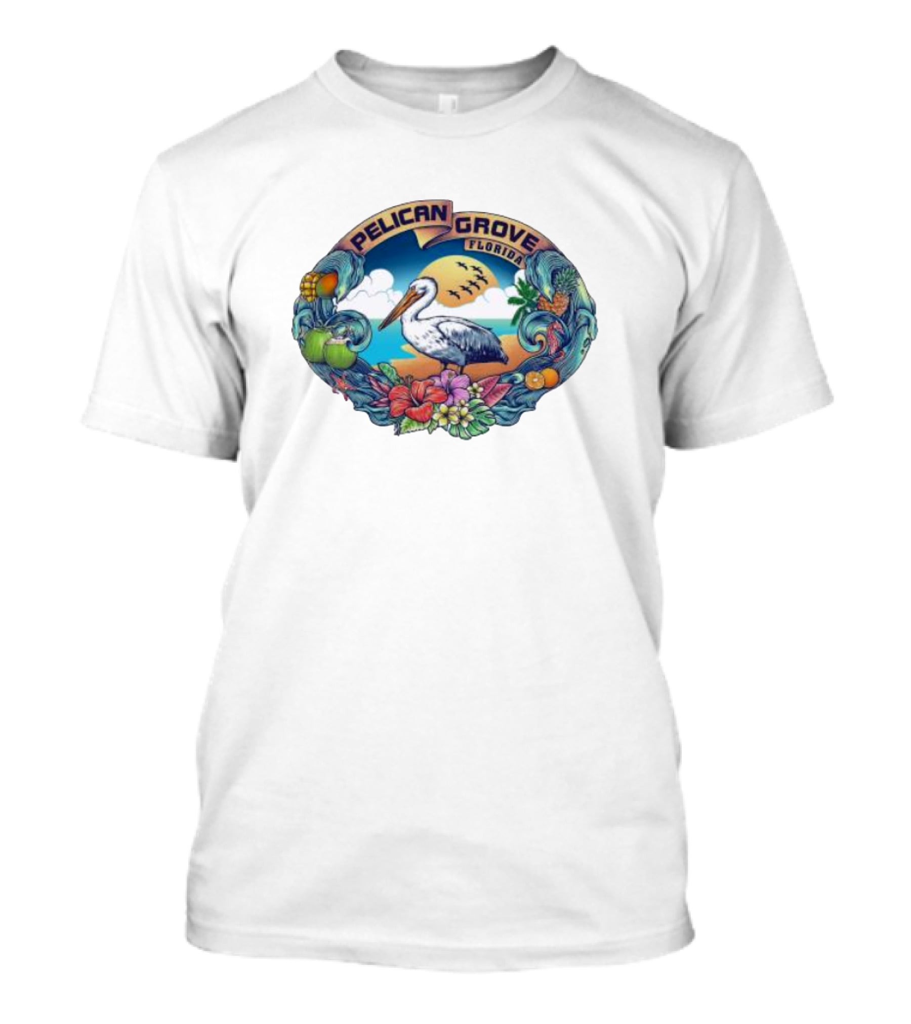Pelican Grove Florida Tropical Beach Scene With Pelican And Coastal Fruits T-Shirt