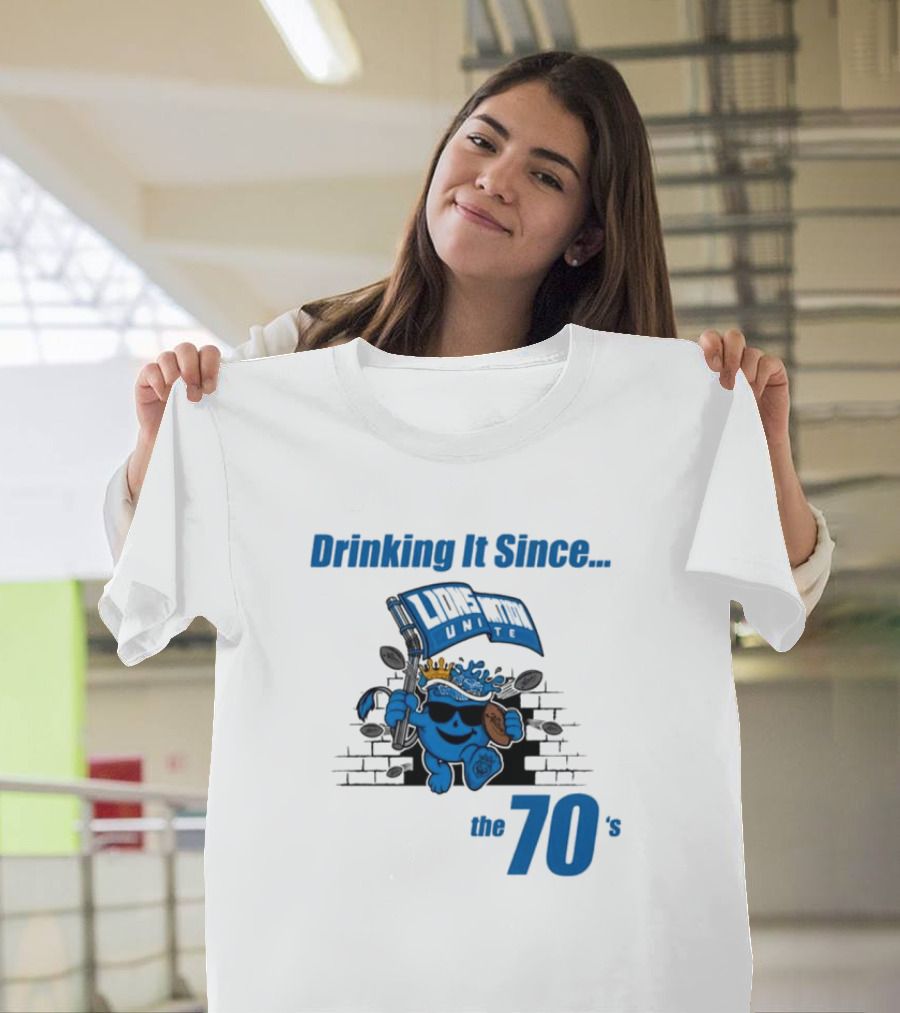 Lions United Drinking It Since the 70’s Fun Character with Flag and Crown T-Shirt