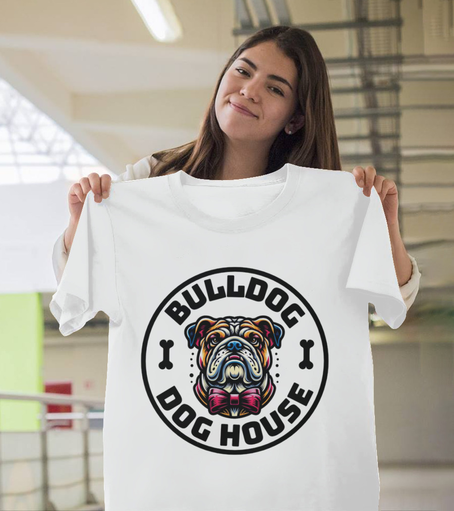 BULLDOG DOG HOUSE Bow Tie Dog Bone Circle T-Shirt