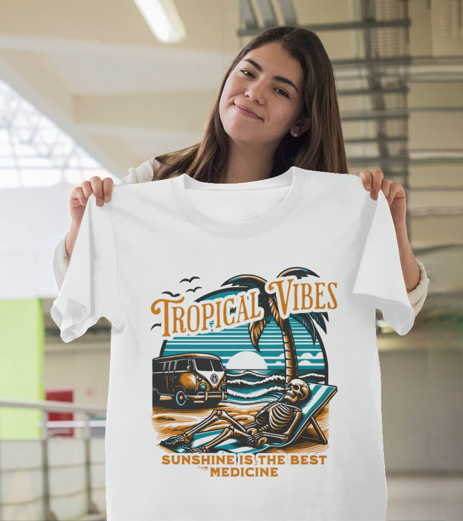 Tropical Vibes Sunshine Is the Best Medicine Skeleton Beach Van Sunset Scene T-Shirt