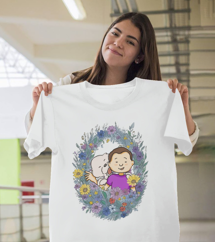 Dog Dad Cartoon Embrace in Floral Frame T-Shirt