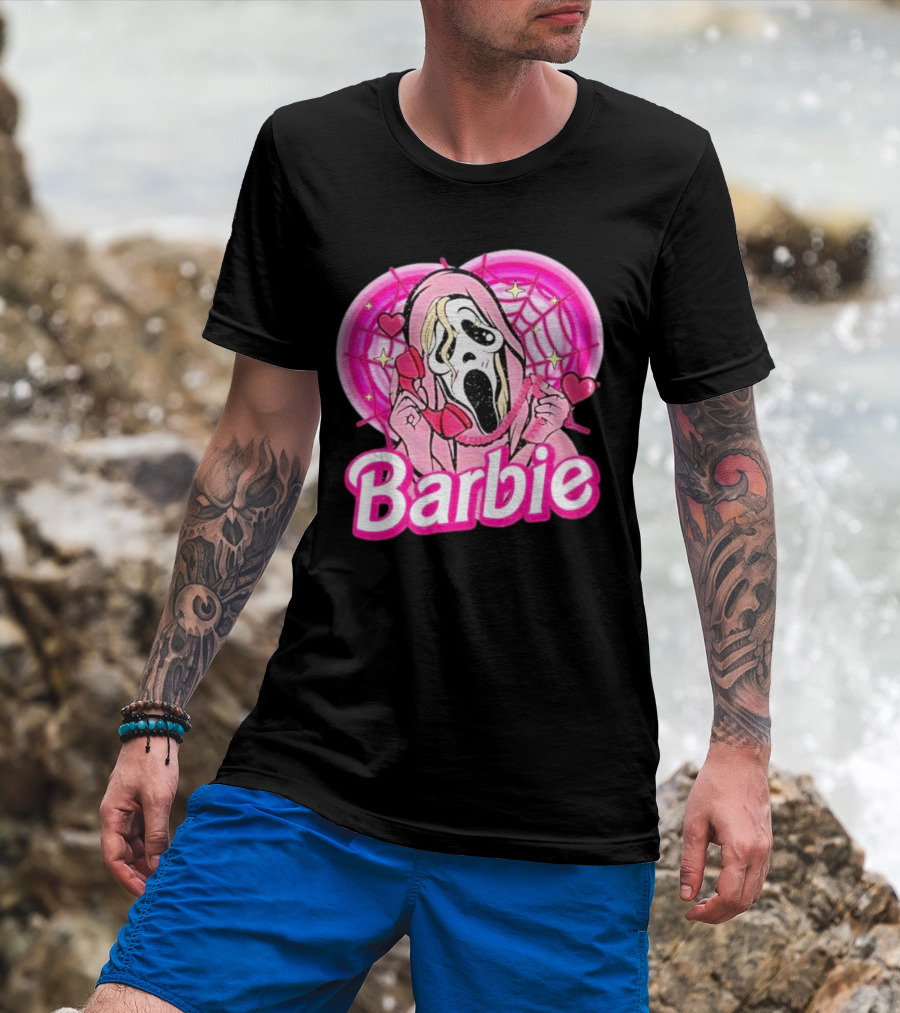 Barbie Horror Doll Ghost Face With Hearts And Pink Spiderwebs T-Shirt