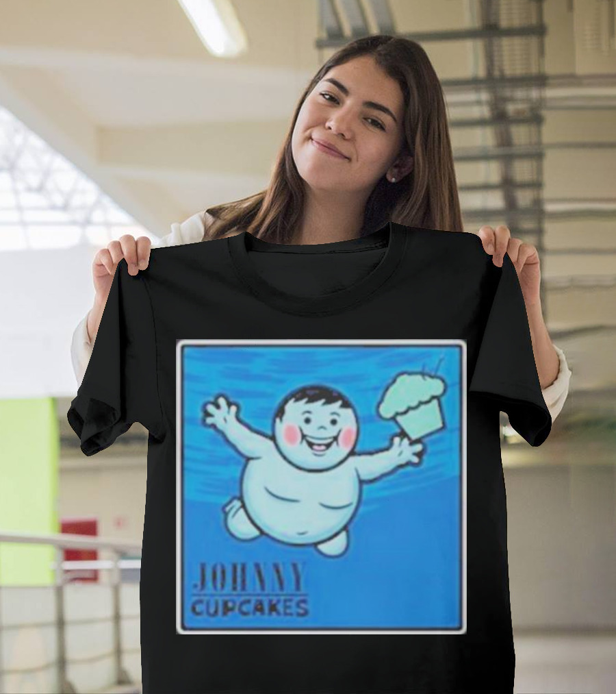 James Gunn Johnny Cupcakes Childlike Figure with Cake Blue Background T-Shirt