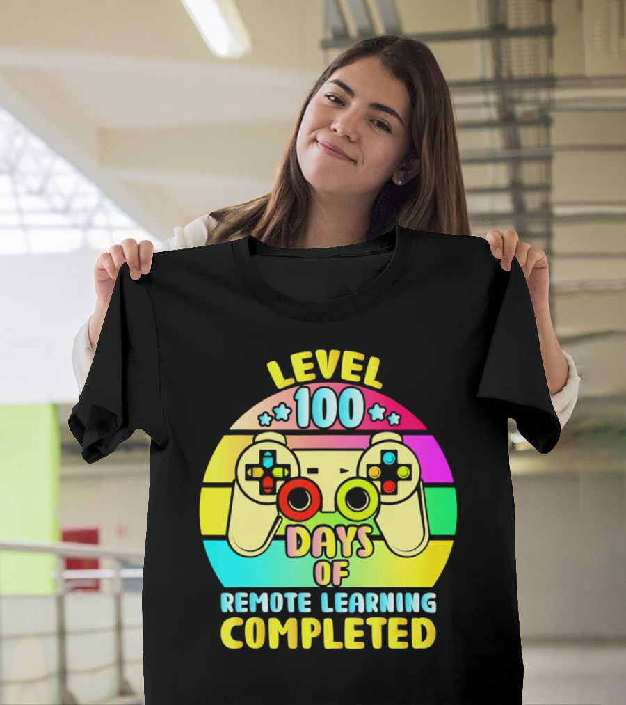 Level 100 Remote Learning Completed Vintage Gaming Controller Retro Rainbow T-Shirt