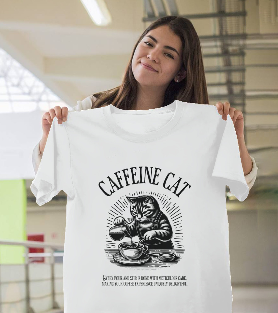 Caffeine Cat Every Pour And Stir Is Done With Meticulous Care Making Your Coffee Experience Uniquely Delightful T-Shirt